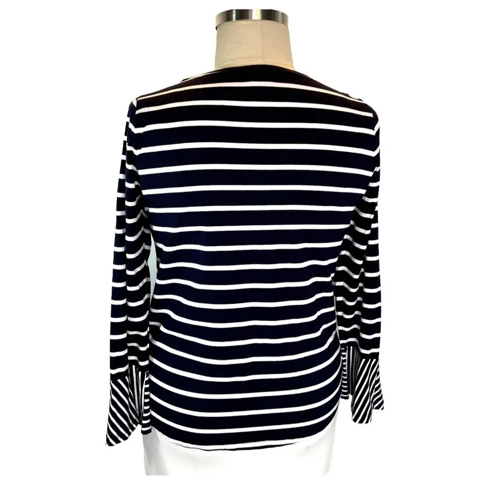 Chico's - Women's L Blouse Navy Blue White Striped Bell Cuffed Boat Neck